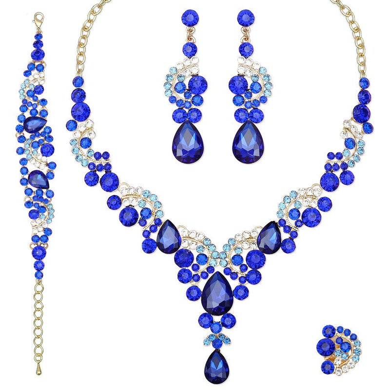 CSY 4 Pcs/Sets Elegant Crystal Necklace Earrings Bracelet Ring Bridal Wedding Costume Jewelry Sets for Brides Women Gifts (Royal Blue) - Image 1